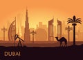 Skyline of Dubai with camel and date palm. United Arab Emirates