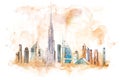 Skyline of Dubai Cityscape landmark skyline. Watercolor illustration