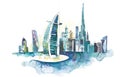 Skyline of Dubai Cityscape landmark skyline. Watercolor illustration