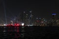 Beautiful night view of Dubai skyscrapers from the sea. skyline of Dubai Marina after sunset with a sea in the Royalty Free Stock Photo