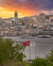 Skyline of European side of Bosphorus Strait overlooking Galata Tower in a spring day before sunset, Istanbul, Turkey Royalty Free Stock Photo