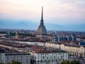 Skyline and evening view of Turin and the dome of Mole Antonelliana