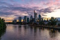 The skyline of the financial district of Frankfurt at sunset blue hour with fantastic sky and clouds.. Royalty Free Stock Photo