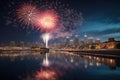 Skyline with fireworks light up sky over skyscrapers