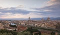 Skyline of Florence with cathedral Santa Maria del Fiore, tower Arnolfo and river Arno during sunset, Tuscany Italy Royalty Free Stock Photo