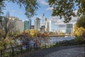 Skyline of Frankfurt with river main seen from tree alley at Schaumainkai