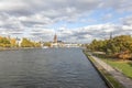 Skyline of Frankfurt with river main seen from tree alley at Schaumainkai