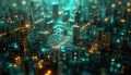 skyline of futuristic electronic night smart city at night, cyberspace and network concept