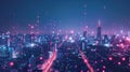 skyline of futuristic electronic night smart city at night, cyberspace and network concept