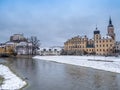 Skyline of Greiz with castle in winter