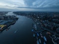 Skyline of Hamburg at dusk, the River Elbe and the large commercial industrial port. City view. Royalty Free Stock Photo