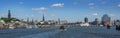 Skyline of Hamburg, panorama with churches, buildings, ships and Elbphilharmonie, seen from the port on the river Elbe, blue sky, Royalty Free Stock Photo