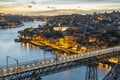 Skyline of the historic city of Porto with famous bridge at night, Portugal Royalty Free Stock Photo