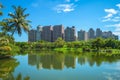 Skyline of kaohsiung by the pond at museum park