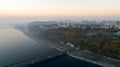 Skyline, Kiev city with beautiful morning sky. Pedestrian bridge. Left bank the Dnieper River.