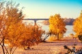 Skyline, Kyiv city in the autumn evening. View from the left bank at Paton Bridge over the Dnieper River