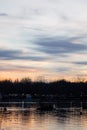 Skyline of Lake Casa de Campo at sunset in Madrid, Spain. 12th March 2023