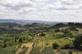 Skyline Landscape with Vineyard an Olive orchards of Medieval San Gimignano hilltop town. Tuscany region. Italy Royalty Free Stock Photo