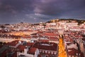 Skyline of Lisbon city rooftops from above during night, Portugal