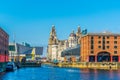 Skyline of Liverpool through albert dock, England Royalty Free Stock Photo