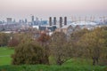 Skyline of London at dusk. View from Greenwich Hill.