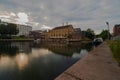 Skyline of Maastricht with the upcoming area Wyck and the Sint Servaas bridge after a summer evening storm with a rainbow popping Royalty Free Stock Photo