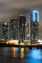 Skyline of miami biscayne bay reflections, high resolution. Miami city night.