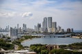 Skyline of modern Cartagena with bridge over bay in foreground, Colombia