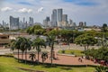 Skyline of modern Cartagena with a park in foreground, Colombia