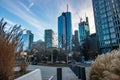 The skyline is a modern city with light in the sunset. Beautiful city photo Financial center in Frankfurt am Main in Germany