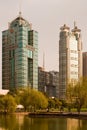 Skyline of modern office buildings at Lujiazui Financial district from Central Greenfield in Pudong
