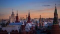 Skyline moscow cityscape with sunset scene , St. Basil`s Cathedral and Kremlin Walls and Tower in Red square Royalty Free Stock Photo