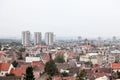 Skyline of New belgrade, or novi beograd, in Serbia, since from Zemun, with bruatlist residential skyscraper towers blurred