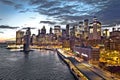 Skyline of New York City downtown and Brooklyn bridge dusk view Royalty Free Stock Photo