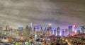 The skyline of New York City at dusk, panoramic aerial view of Manhattan Royalty Free Stock Photo