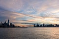 Skyline of the New York City Financial District and the Jersey City Skyline along the Hudson River during a Sunset Royalty Free Stock Photo