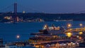 Skyline over Lisbon commercial port day to night timelapse, 25th April Bridge, containers on pier with freight cranes Royalty Free Stock Photo