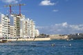 Skyline of Paceville, modern district with new buildings at St Julians from the sea, Malta