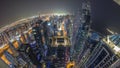 Skyline panorama of Dubai Marina showing canal surrounded by skyscrapers along shoreline all night timelapse. DUBAI, UAE Royalty Free Stock Photo