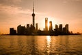 Skyline of Pudong and Lujiazui at sunrise across the Huangpu river, Shanghai Royalty Free Stock Photo