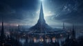 A skyline punctuated by towering obelisks adorned with intricate circuitry, pulsating with the rhythm of a digital heartbeat