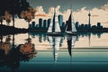 skyline reflected in reservoir, with sailboats floating on the water