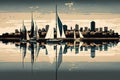 skyline reflected in reservoir, with sailboats floating on the water