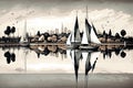 skyline reflected in reservoir, with sailboats floating on the water