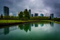 The skyline reflecting in a pond, at Downtown Park, in Bellevue, Washington. Royalty Free Stock Photo