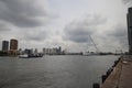 skyline of river Nieuwe maas in the middle of Rotterdam with the Erasmusbrug bridge with nickname the Swan