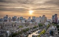 Skyline of Rotterdam cityscape, Netherlands at sunset showing the skyscrapers and office buildings Royalty Free Stock Photo