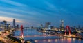 Skyline of Rotterdam at night over the river Maas showing the Willems bridge and the Erasmus bridge Royalty Free Stock Photo