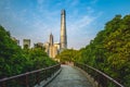 Skyline of shanghai city and a wooden pathway