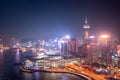 Skyline of skyscrapers in Wan Chai at dusk, with the Hong Kong Convention & Exhibition Centre, 11 Dec 2019 Royalty Free Stock Photo